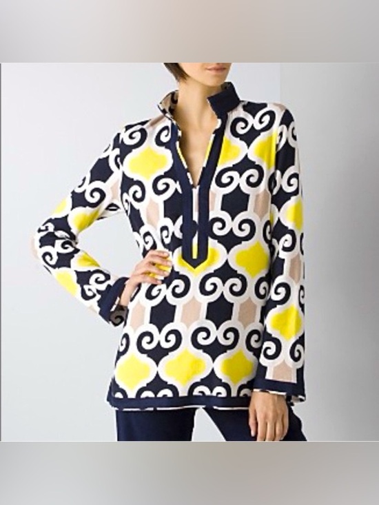 Tory Burch Tops - Tory Burch Navy, Yellow & Cream Printed Tunic Top 1035